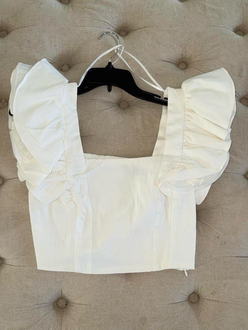 White Ruffle Sleeve Square-Neck Crop Top - Women